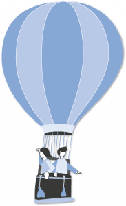grafik von zwei weiblichen person die im heißluftballon fliegt und in die ferne schaut
